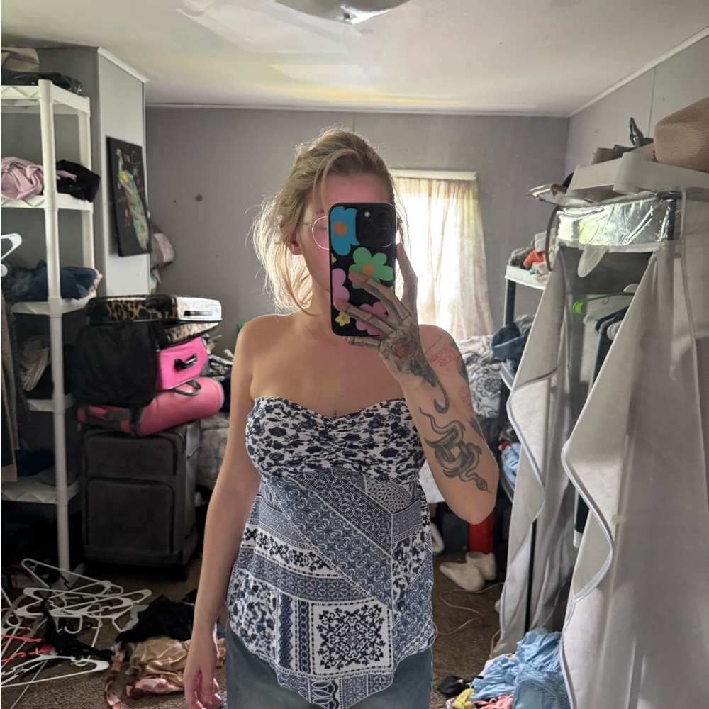 Blue and White Women's Strapless Top
